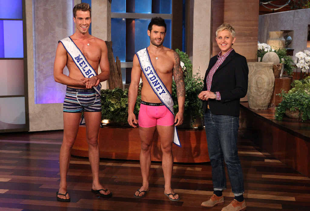 Former Warwick lad Matt Chapman (middle) rocked a pair of pink jocks on the Ellen DeGeneres Show in LA, in a quest to find Mr Australia. Former Warwick lad Matt Chapman (middle) rocked a pair of pink jocks on the Ellen DeGeneres Show in LA, in a quest to find Mr Australia.